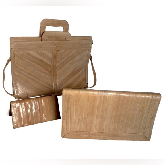 EEL SKIN 80’s THREE PIECES honey blonde briefcase clutch card holder wallet - Picture 1 of 16